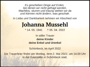 Traueranzeige von Johanna Mussehl von Strelitzer Zeitung