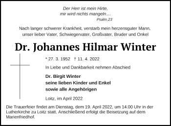 Traueranzeige von Johannes Hilmar Winter von Vorpommern Kurier