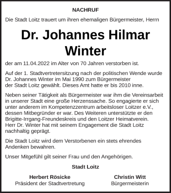 Traueranzeige von Johannes Hilmar Winter von Vorpommern Kurier