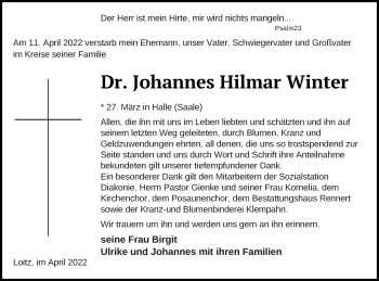 Traueranzeige von Johannes Hilmar Winter von Vorpommern Kurier