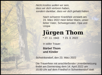 Traueranzeige von Jürgen Thom von Mecklenburger Schweiz