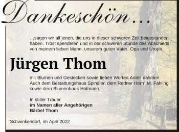 Traueranzeige von Jürgen Thom von Mecklenburger Schweiz