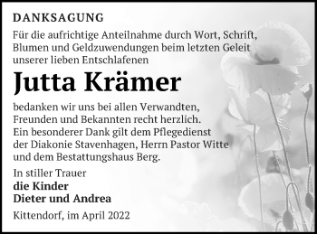 Traueranzeige von Jutta Krämer von Mecklenburger Schweiz