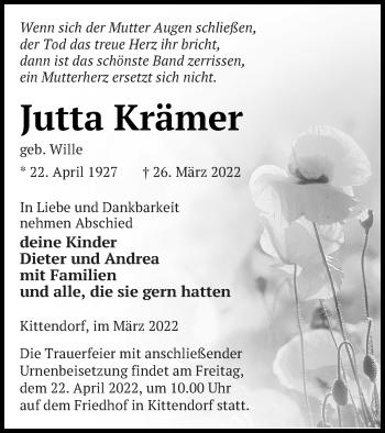 Traueranzeige von Jutta Krämer von Mecklenburger Schweiz