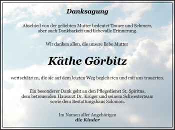 Traueranzeige von Käthe Görbitz von Pasewalker Zeitung