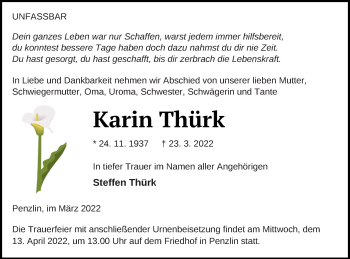 Traueranzeige von Karin Thürk von Müritz-Zeitung