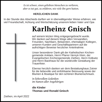 Traueranzeige von Karlheinz Gnisch von Vorpommern Kurier