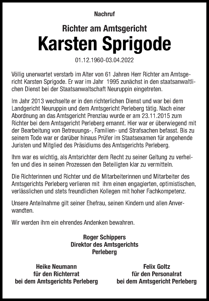  Traueranzeige für Karsten Sprigode vom 16.04.2022 aus Müritz-Zeitung