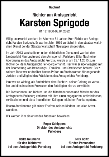 Traueranzeige von Karsten Sprigode von Müritz-Zeitung