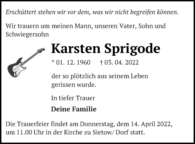  Traueranzeige für Karsten Sprigode vom 08.04.2022 aus Müritz-Zeitung