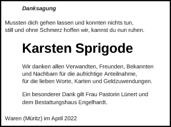 Traueranzeige von Karsten Sprigode von Müritz-Zeitung