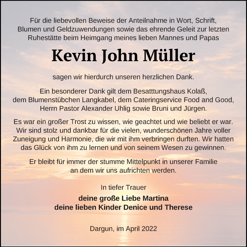  Traueranzeige für Kevin John Müller vom 23.04.2022 aus Mecklenburger Schweiz