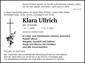 Traueranzeige von Klara Ullrich von Strelitzer Zeitung