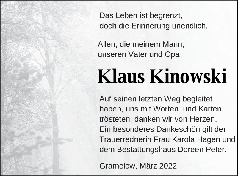  Traueranzeige für Klaus Kinowski vom 06.04.2022 aus Neubrandenburger Zeitung