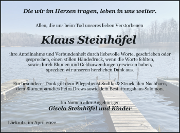 Traueranzeige von Klaus Steinhöfel von Pasewalker Zeitung