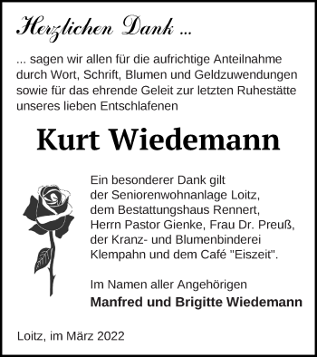 Traueranzeige von Kurt Wiedemann von Vorpommern Kurier