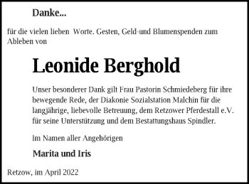 Traueranzeige von Leonide Berghold von Mecklenburger Schweiz