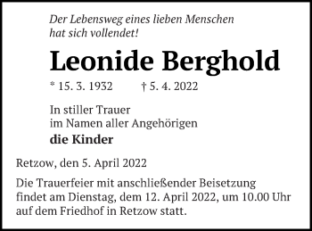 Traueranzeige von Leonide Berghold von Mecklenburger Schweiz