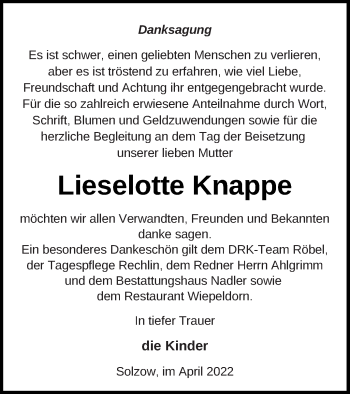 Traueranzeige von Lieselotte Knappe von Müritz-Zeitung