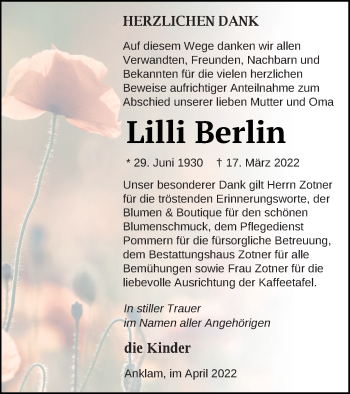 Traueranzeige von Lilli Berlin von Vorpommern Kurier