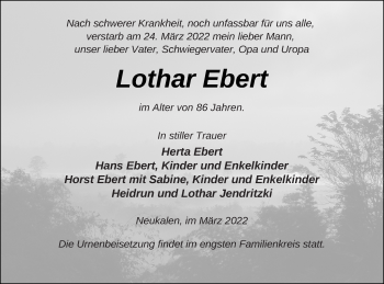 Traueranzeige von Lothar Ebert von Mecklenburger Schweiz