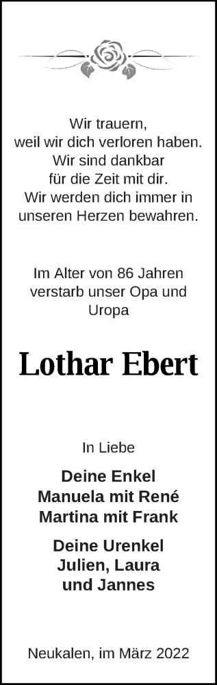 Traueranzeige von Lothar Ebert von Mecklenburger Schweiz