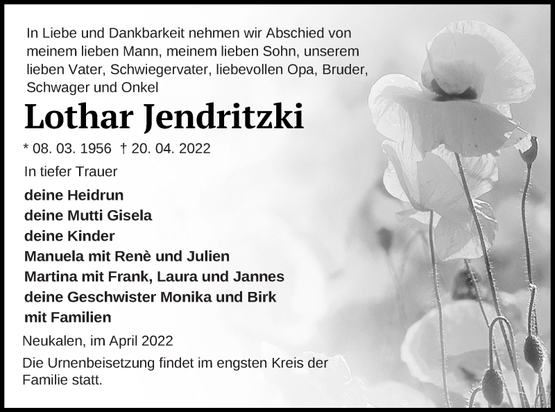  Traueranzeige für Lothar Jendritzki vom 29.04.2022 aus Mecklenburger Schweiz