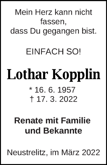 Traueranzeige von Lothar Kopplin von Strelitzer Zeitung