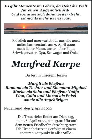 Traueranzeige von Manfred Karpe von Pasewalker Zeitung