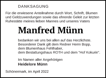 Traueranzeige von Manfred Münn von Prenzlauer Zeitung