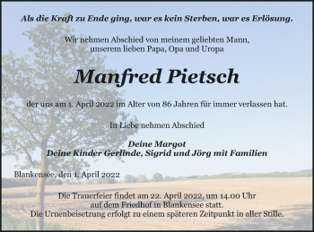 Traueranzeige von Manfred Pietsch von Pasewalker Zeitung