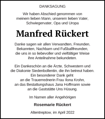 Traueranzeige von Manfred Rückert von Neubrandenburger Zeitung