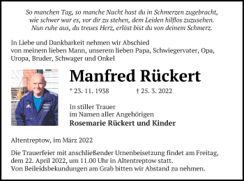 Traueranzeige von Manfred Rückert von Neubrandenburger Zeitung