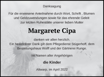 Traueranzeige von Margarete Cipa von Haff-Zeitung