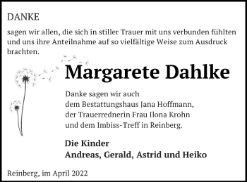 Traueranzeige von Margarete Dahlke von Neubrandenburger Zeitung