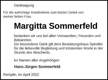 Traueranzeige von Margitta Sommerfeld von Mecklenburger Schweiz