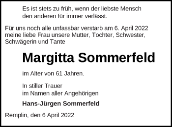 Traueranzeige von Margitta Sommerfeld von Mecklenburger Schweiz