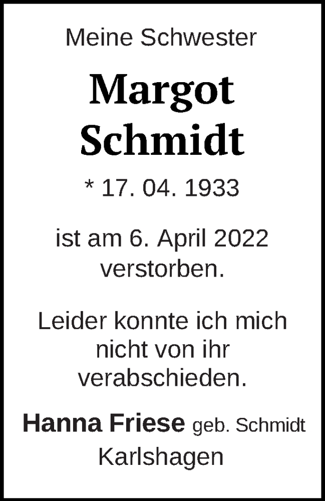  Traueranzeige für Margot Schmidt vom 28.04.2022 aus Neubrandenburger Zeitung