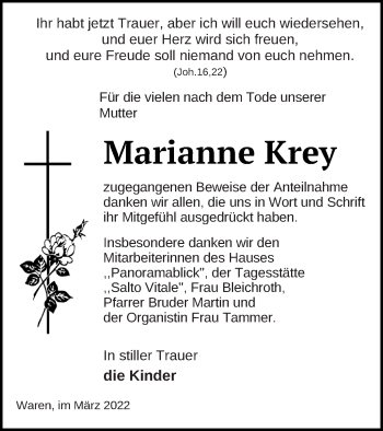 Traueranzeige von Marianne Krey von Müritz-Zeitung