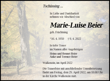 Traueranzeige von Marie-Luise Beier von Neubrandenburger Zeitung