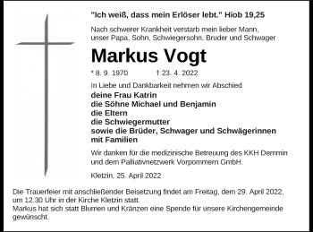 Traueranzeige von Markus Vogt von Vorpommern Kurier