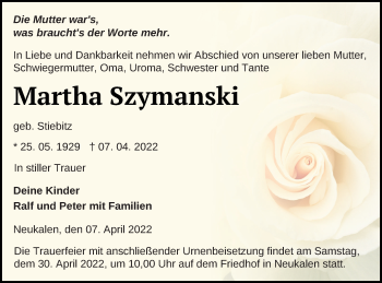 Traueranzeige von Martha Szymanski von Mecklenburger Schweiz