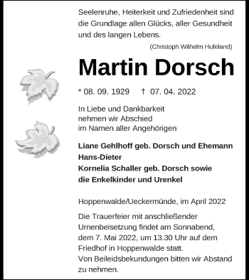 Traueranzeige von Martin Dorsch von Haff-Zeitung