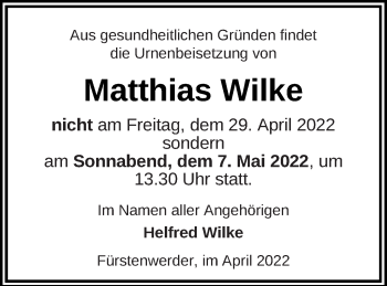 Traueranzeige von Matthias Wilke von Prenzlauer Zeitung