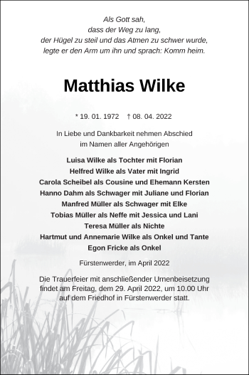 Traueranzeige von Matthias Wilke von Prenzlauer Zeitung