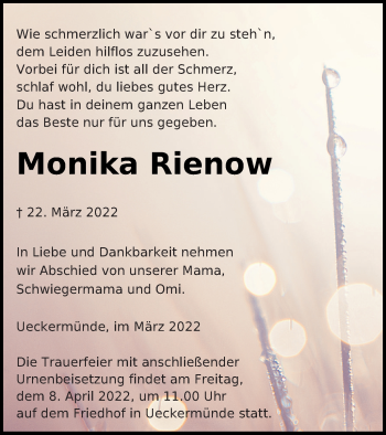Traueranzeige von Monika Rienow von Haff-Zeitung