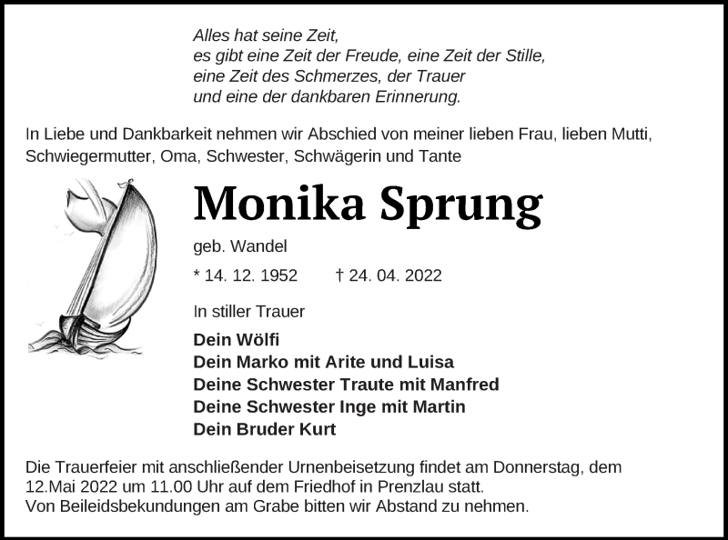  Traueranzeige für Monika Sprung vom 29.04.2022 aus Prenzlauer Zeitung