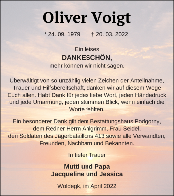 Traueranzeige von Oliver Voigt von Strelitzer Zeitung