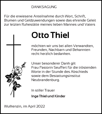 Traueranzeige von Otto Thiel von Neubrandenburger Zeitung