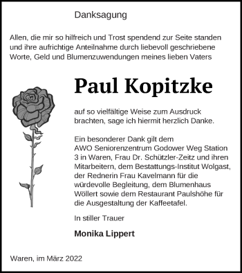 Traueranzeige von Paul Kopitzke von Müritz-Zeitung